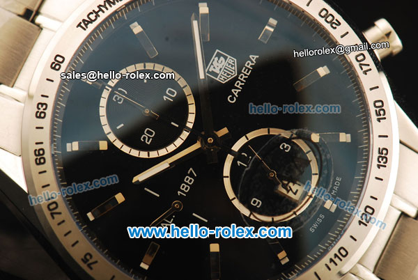 Tag Heuer Carrera Chronograph Swiss Valjoux 7750 Automatic Movement Full Steel with Black Dial and Stick Markers - Click Image to Close